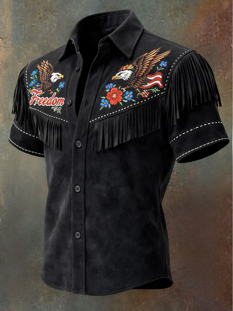 Men's Retro Western Style U.S 250 Commemorative Printed Vintage Tassel Casual Short Sleeves Shirt
